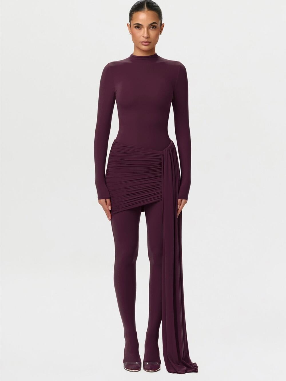 Naked Wardrobe Ruched Drape Mini Skirt in Dark Plum Purple Size M Waterfall Sash